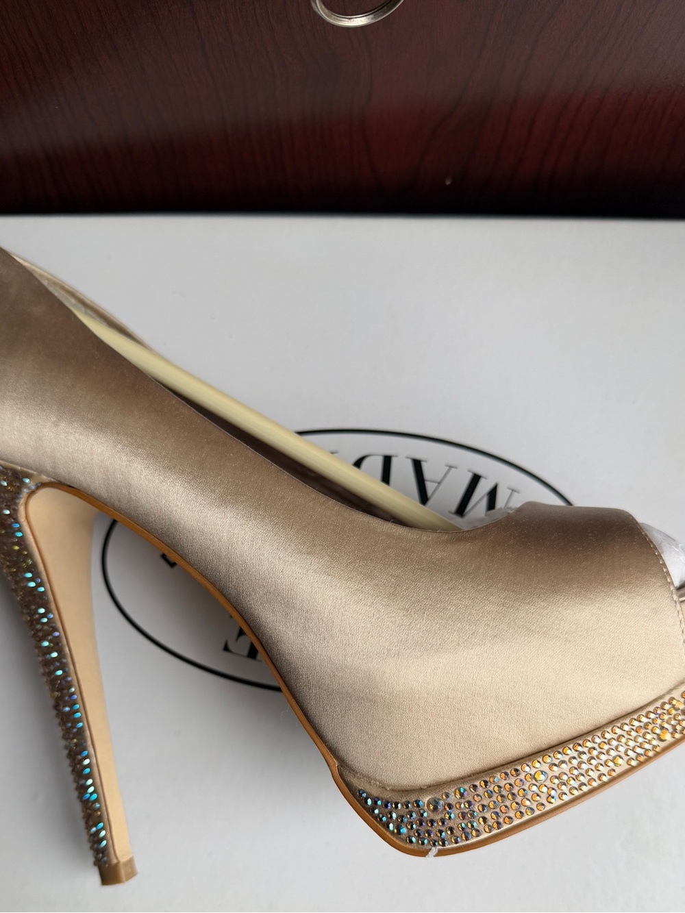 Steve Madden Champagne Satin Platform Peep-Toe Heels with Crystal Trim